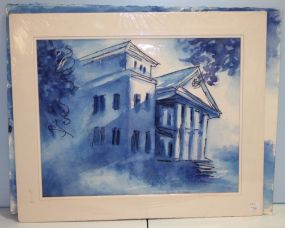 Blue Study of Antebellum Home Watercolor