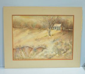 Watercolor of Farmhouse in Field in Fall, signed