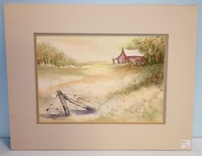 Watercolor of Barn in Spring, signed by Esmer