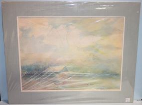 Watercolor of Boathouse or Barn in Flood, signed