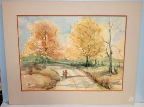 Pen and Ink and Watercolor of Large Trees with a