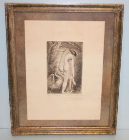French Dry Point Etching of Nude with Swan in