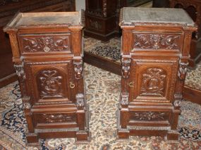 Pair of Mid 1880s Heavily Carved Walnut Bedside