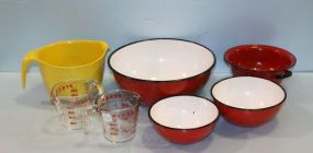 Two Enamel Bowls, Enamel Colander & Measuring Cups