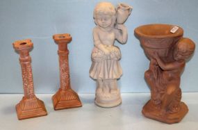 Pair Pottery Candlesticks & Two Pottery Figurines