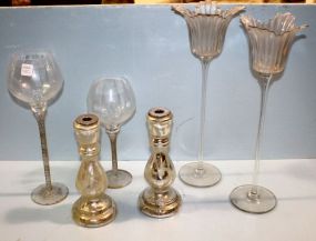 Four Tall Glass Candleholders & Pair Glass Candlesticks