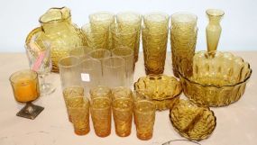 Amber Pitcher, Eight Water Glasses, Seven Juice Glasses, Bowls & Glasses