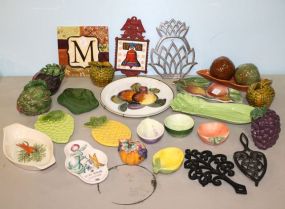 Various Ceramic Fruit Trays, Plates, Dishes & Iron Trivets