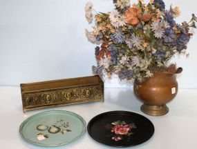 Brass Bucket, Brass Planter & Two Painted Tin Trays