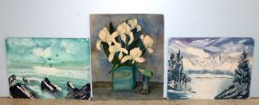 Watercolor of Iris in Vase, Oil on Canvas of Mountains Signed Cain & Oil on Canvas of Seascape Signed Cain