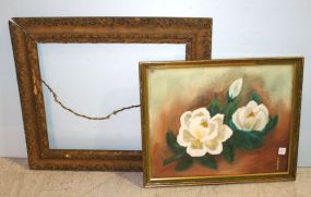 Vintage Gesso Frame & Painting of Magnolias Signed Vallie