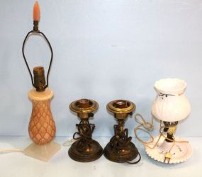 Pair Small Brass Lamps, Milk Glass Lamp & Glass Lamp