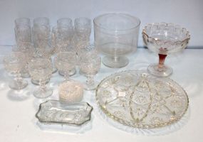 Eight Sherbet Glasses, Nine Water Glasses, Two Compotes, Large Tray & Six Coasters