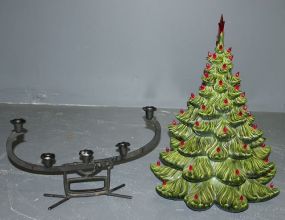  Small Decorative Christmas Tree and Iron Candle Holder Description: Small Decorative Christmas Tree and Iron Candle Holder; tree 22 1/2" h.