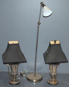  Three Lamps Description: Three Lamps; pair of contemporary table lamps (28" h.), one floor lamp (52" h.)