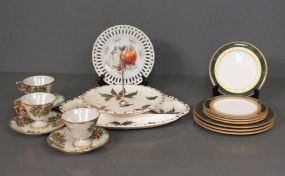  Group of Decorative Plates Description: Group of Plates, Decorative Dish, Three Matching Cups and Saucers with Christmas Serving Platter