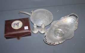  Group of Aluminum Description: Group of Aluminum, including; oval tray (14"), eight coasters, salt and pepper, box with picture of horse