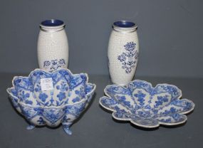  Group of Blue and White Porcelain Description: Group of Blue and White Porcelain, two crackled bases 6 1/2" h., three footed bowl 6 1/2" dia., ruffled edge dish 7 3/8" dia.