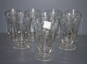  Set of Eight Etched Depression Glasses Description: Set of Eight Etched Depression Glasses, 5 1/2"