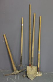  Group of Tools Description: Group of Tools, group includes; pic, rake, flat hoe, shovel, pitch fork