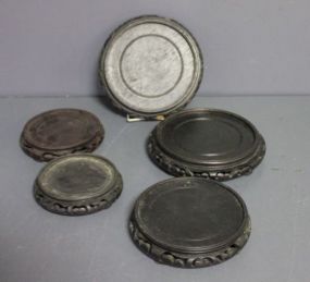  Group of Five Oriental Teakwood Stands Description: Group of Five Oriental Teakwood Stands, 9"dia., 8"dia.