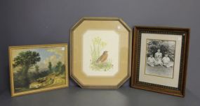  Two Prints and One Picture Description: Two Prints and One picture. Print of Cows 22"w., 17"h., Print of Robin in Octagon Frame, 23"w., 28"h.