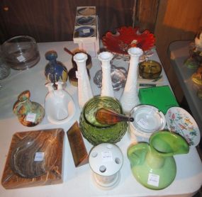  Group of Assorted Decorative Items Group of Assorted Decorative Items, includes; handmade ashtray, three small decorative vases, "Thank You For Not Smoking" sign, toothbrush holder, four small ashtrays, soup holders, milk glass candlestick hold