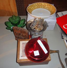  Group of Miscellaneous Items Group of Miscellaneous Items, includes; glass Hershey Kiss jar, decorative camel box, one bookend, green candy jar and three decorative bowls; largest bowl 9" dia.