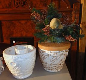  Group of Miscellaneous Decorative Items Group of Miscellaneous Items, group includes; two ceramic planters, ceramic vase, wooden wall clock and a Christmas decoration; pot 9" h., 9" dia.