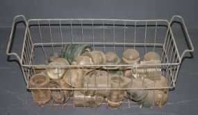  Basket of Telephone Insulators Basket: 9"h., 23"w., 10"d