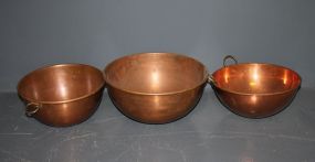  Three Copper Pots Largest pot: 6"h , 12"d.