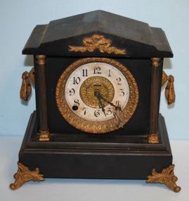  Vintage Mantel Clock Vintage Mantel Clock, clock needing restoration, brass feet and decoration, key, no glass; 11 1/2" w., 12" h.