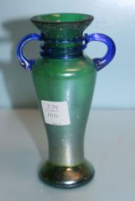  Two Handle Green and Blue Art Glass Vase 7" h.