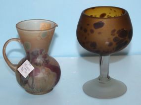  Satin Glass Pitcher, Satin Glass Goblet Pitcher, 5" h. ; goblet, 6" h. ; both similar to Daum Nancy glass