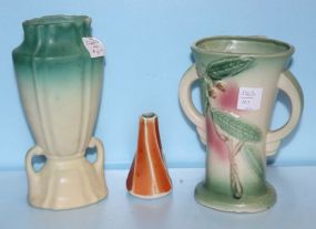  Pottery Vase (Yellow/ Green), Small Orange Vase, Pottery Vase with Leaf Design Vintage pottery vase (yellow/green), 8" h. ; small orange vase, 4" h. ; vintage pottery vase with leaf design, 6" dia.