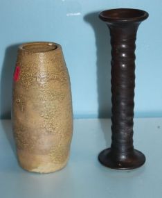  Signed Durden Pottery Vase, Brown Pottery Candlestick Vase, 6 1/2" h. ; candlestick, 8 1/2" h.