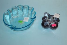  Light Blue Glass Shell Dish, Amber Glass Candlestick Shell dish, 6" dia. ; glass candlestick, 3" dia.