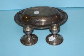  Silverplate Oval Dish with Lid, Pair Small Sterling Weighted Candlestick Silverplate oval dish, 12" w. ; candlesticks, 3" h.