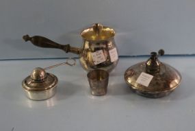  Two Silverplate Burners, Silverplate Shot Glass, Wood Handled Silverplate Pitcher