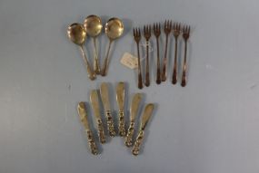  Set of Six Rogers Silverplate Cocktail Forks, Six Spreaders, Three Plated Soap Spoons