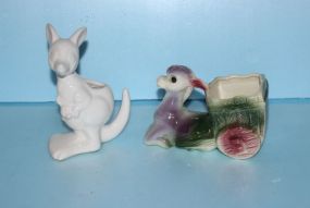  Vintage Donkey Planter, White Porcelain Kangaroo Planter Donkey planter, 6" w., 4 1/2" h. ; Kangaroo Planter, 4 1/2" w., 6 1/2" h.