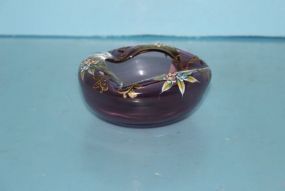  Amythest Glass Small Bowl with Enamel Flowers 4 1/4" dia.