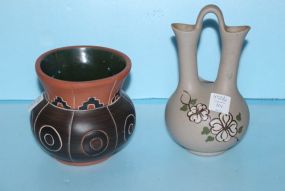  Pigeon Forge Pottery Vase with Flowers, Pottery Vase with Indian Motif Pottery vase, 7" h. ; Indian motif, 4 1/2" dia.
