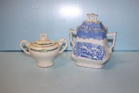  English Transfer ware Sugar (Blue and White), Myott English Sugar Bowl 8" h.