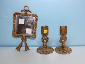  Small Beveled Glass Hanging Mirror and Two Cupid Candlesticks Mirror, 4 1/2" w., 9" h.