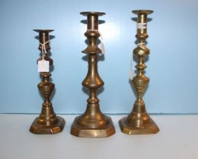  Three Brass Candlesticks 9" - 10 1/2" h.