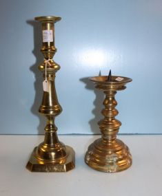  Two Heavy Brass Candlesticks 8" , 13 1/2" h.