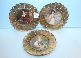  Three Pictures in Press Brass Frames 6" dia.