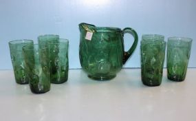  Green Water Pitcher and Six Glasses