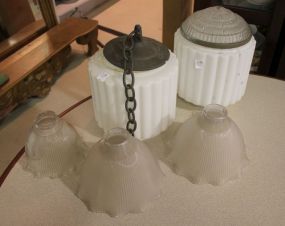 Two White Glass Fixtures from Store and Three Glass Shades Two White Glass Fixtures from Store 12"h., 9"w., and Three Glass Shades 8"w., 1"-6" dia.